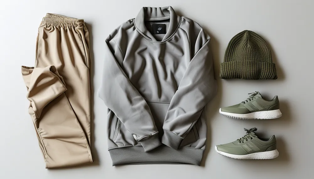 Neutral matching activewear sets in cream, grey and sage